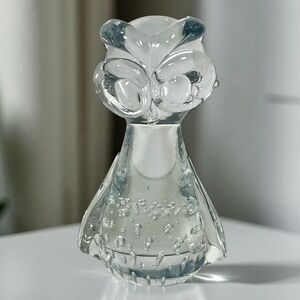 Vintage Art Glass Crystal Owl Paperweight Clear Controlled Bubbles MCM Boho 5"‎